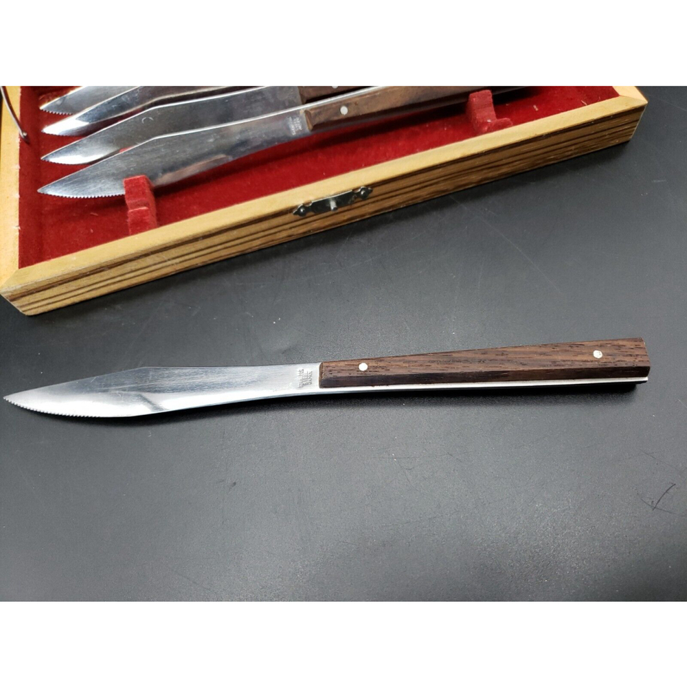 Vintage Mid Century Modern MCM 5 Wood Handle Steak Knife Set - Picture 4 of 12